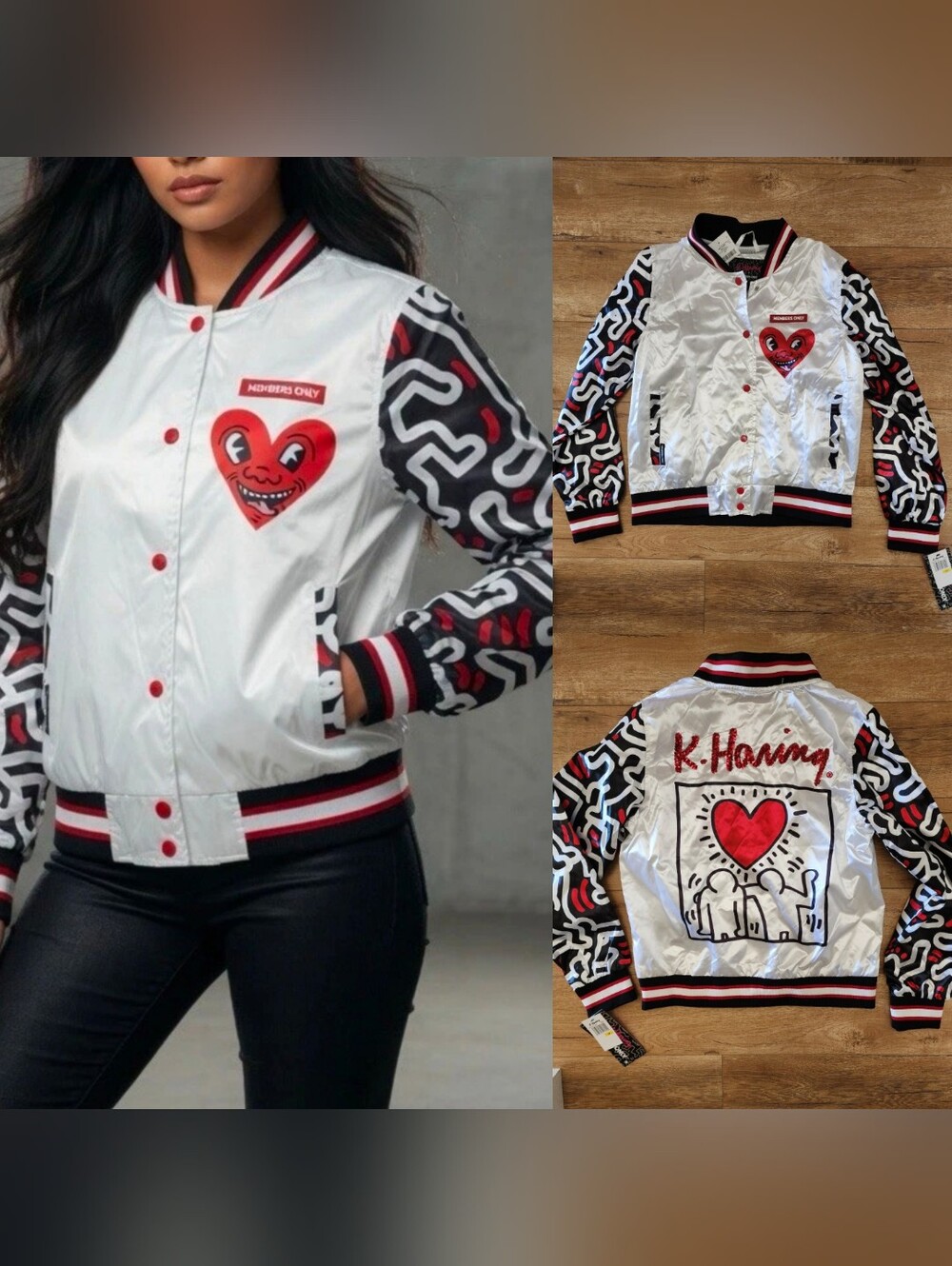 NWT Members Only x Keith Haring Satin Windbreaker Varsity Jacket Womens M Sequin